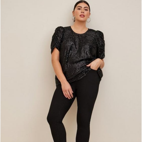 Torrid Size 1 1X Black Sequin Ruched Short Sleeve Top NWT - Picture 3 of 11